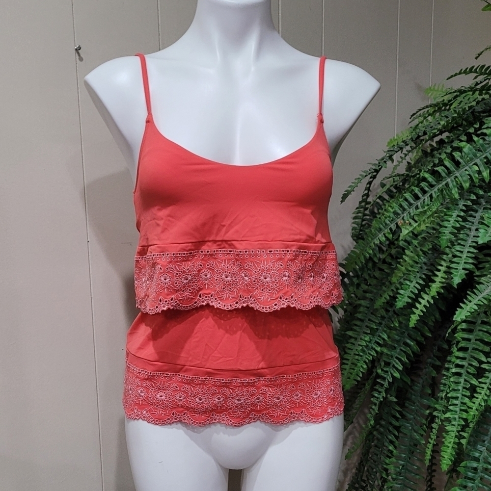 NWT Ann Taylor LOFT Beach Eyelet Tiered Tankini Top Sz XS Hot Coral Covers Tummy